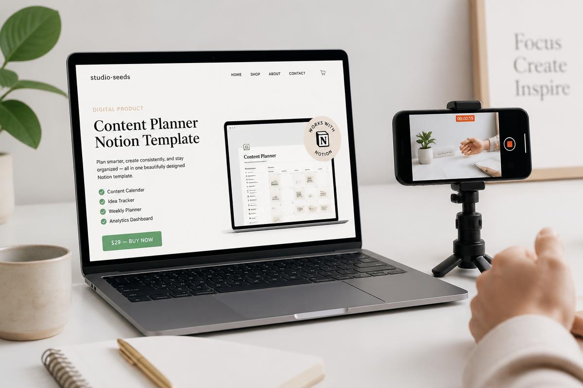 A laptop showing a digital product sales page beside a phone filming a short demo