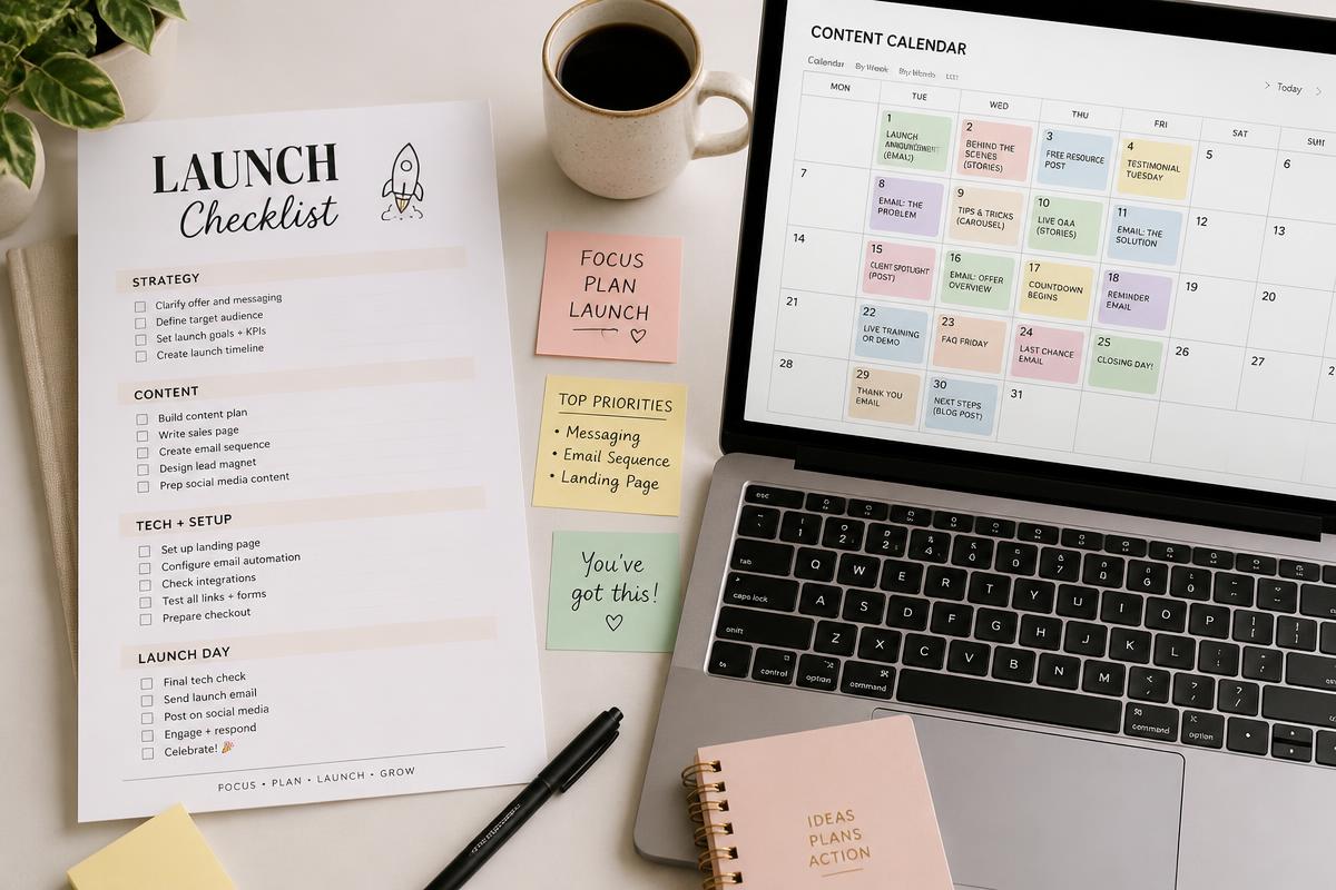 A printed launch checklist beside a laptop showing a content calendar