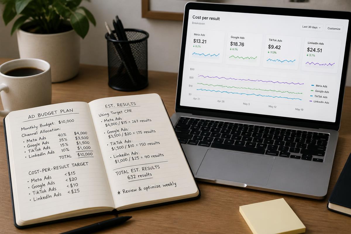 A notebook of ad budget calculations beside a laptop showing cost-per-result charts