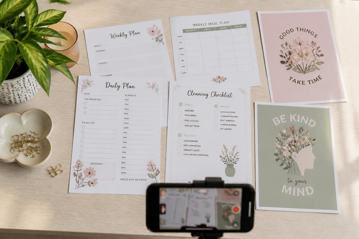 Printable planner pages and wall art laid out on a desk while being filmed from above